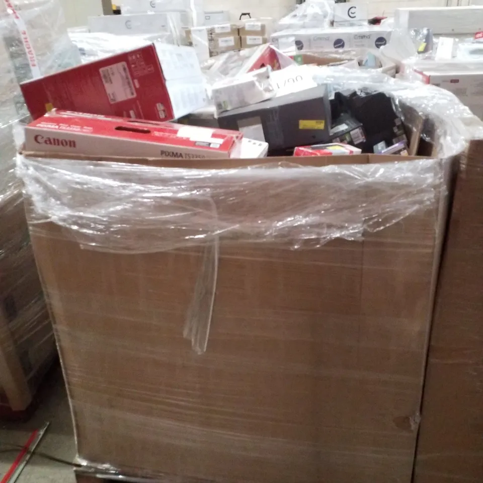 PALLET CONTAINING ASSORTED ELECTRICAL PRODUCTS INCLUDING CANON PIXMA TS3350 PRINTER, DIGITAL RADIO, UNIVERSAL TV WALL MOUNTS, HDMI DVD PLAYER, WIRELESS HEADPHONES & UNIVERSAL REMOTE 