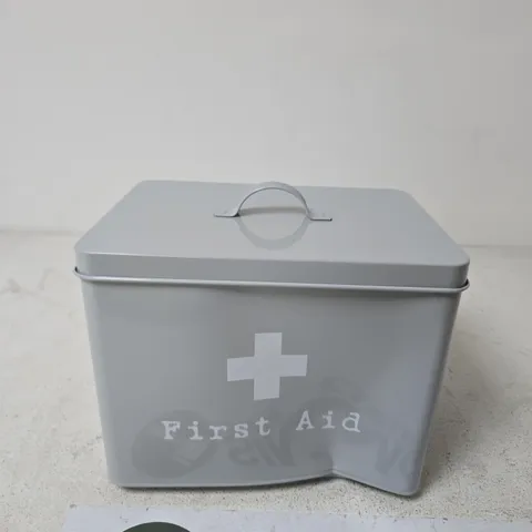 GREY METAL FIRST AID BOX WITH LID β DECORATIVE TIN