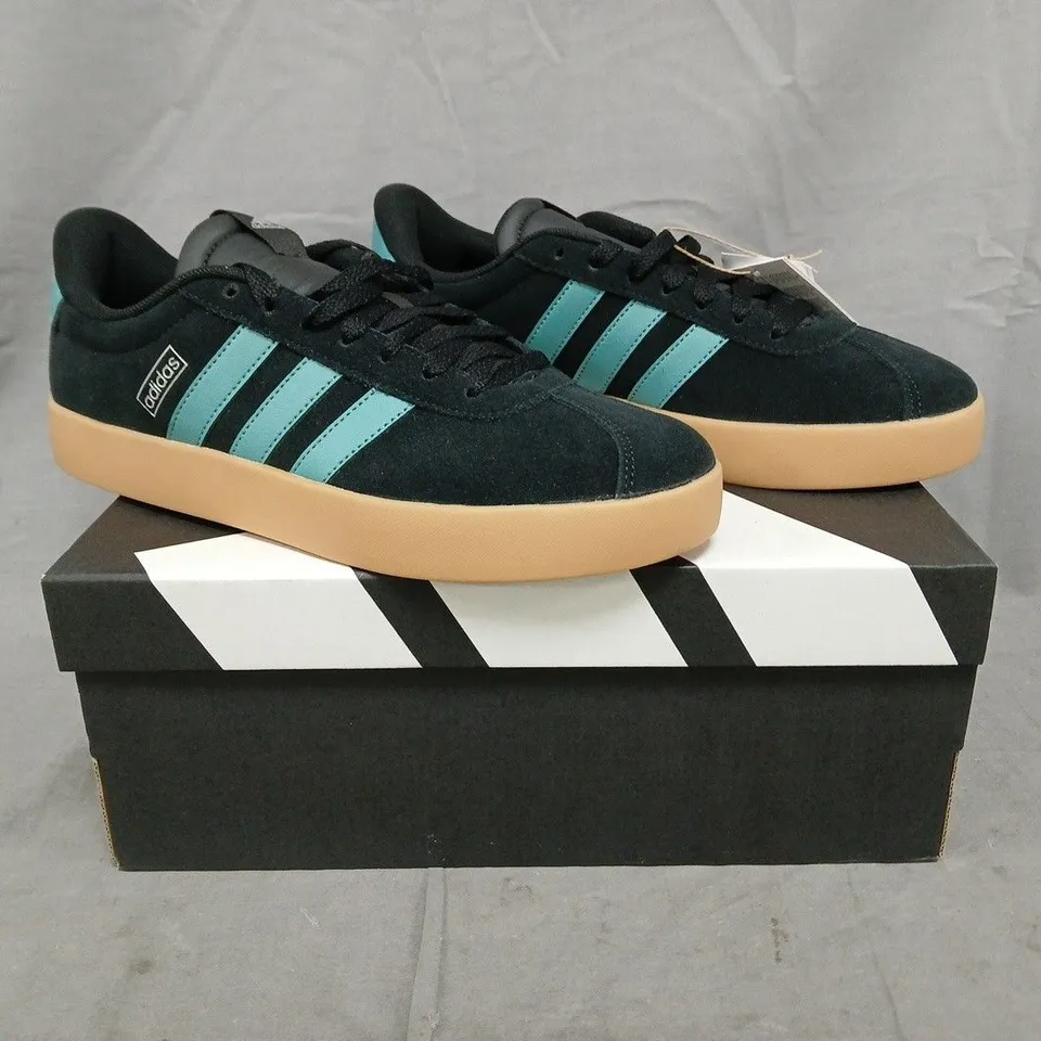 BOXED PAIR OF ADIDAS VL COURT 3.0 SHOES IN BLACK/BLUE SIZE UK 7.5