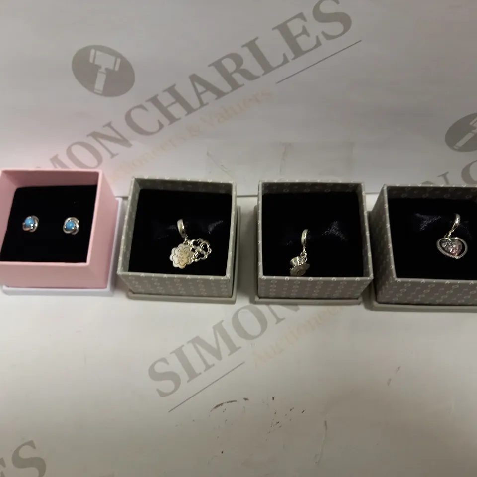 LOT TO CONTAIN 4 X PANDORA PRODUCTS, INCLUDES 1 X SET OF EARRINGS & 3 X CHARMS 