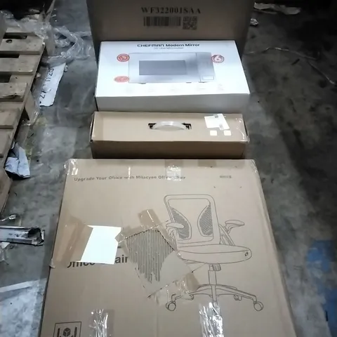PALLET OF HOUSEHOLD ITEMS TO INCLUDE OFFICE CHAIR, SINGLE PHASE EV CHARGER,CHEFMAN MICROWAVE, COFFEE TABLE AND OTHER ASSORTED ITEMS...