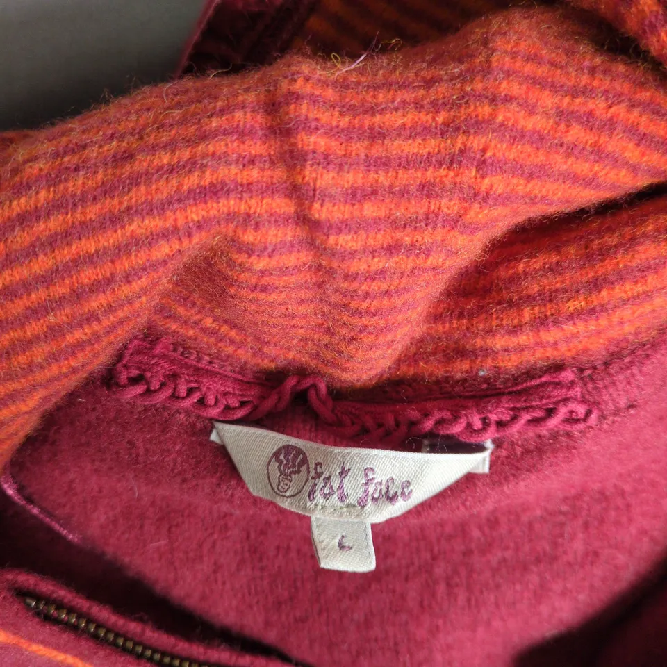 FAT FACE KIDS' FLEECE HOODIE – MAROON WITH ORANGE TRIM, ZIP FRONT (SIZE 6