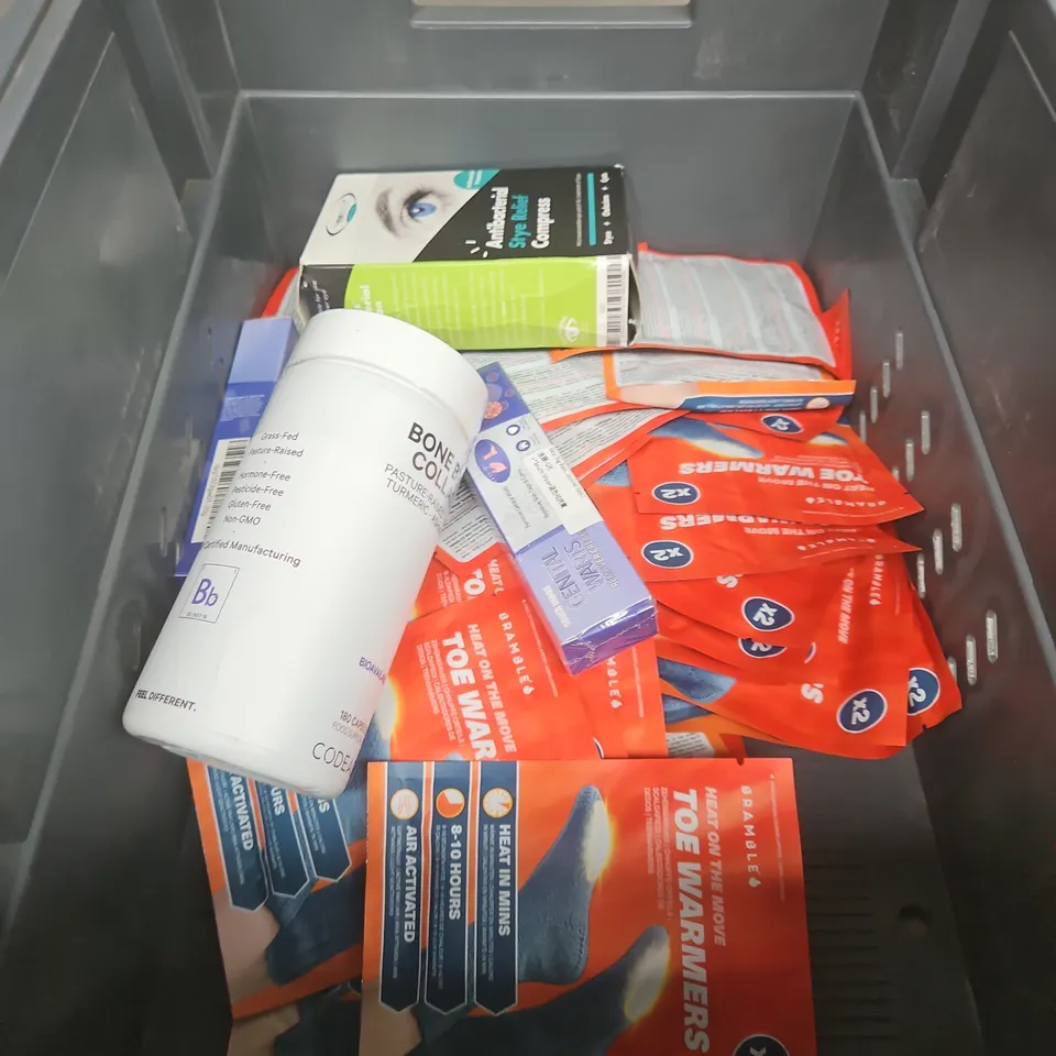 TOTE OF APPROXIMATELY 20 ASSORTED HEALTHCARE PRODUCTS TO INCLUDE BONE BROTH COLLAGEN CAPSULES - FUNGAL NAIL PATCHES AND BEE VENOM PSORIASIS CARE CREAM