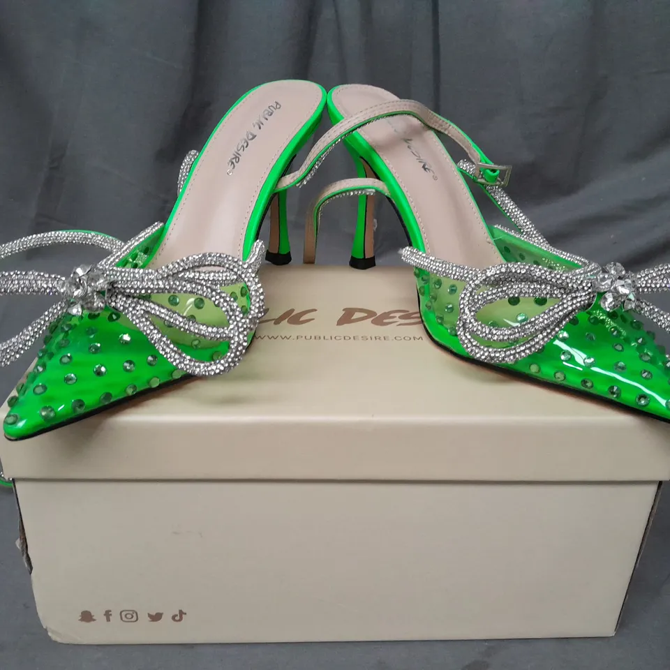 BOXED PAIR OF PUBLIC DESIRE POINTED TOE HEELS IN NEON GREEN W. JEWEL EFFECT UK SIZE 5