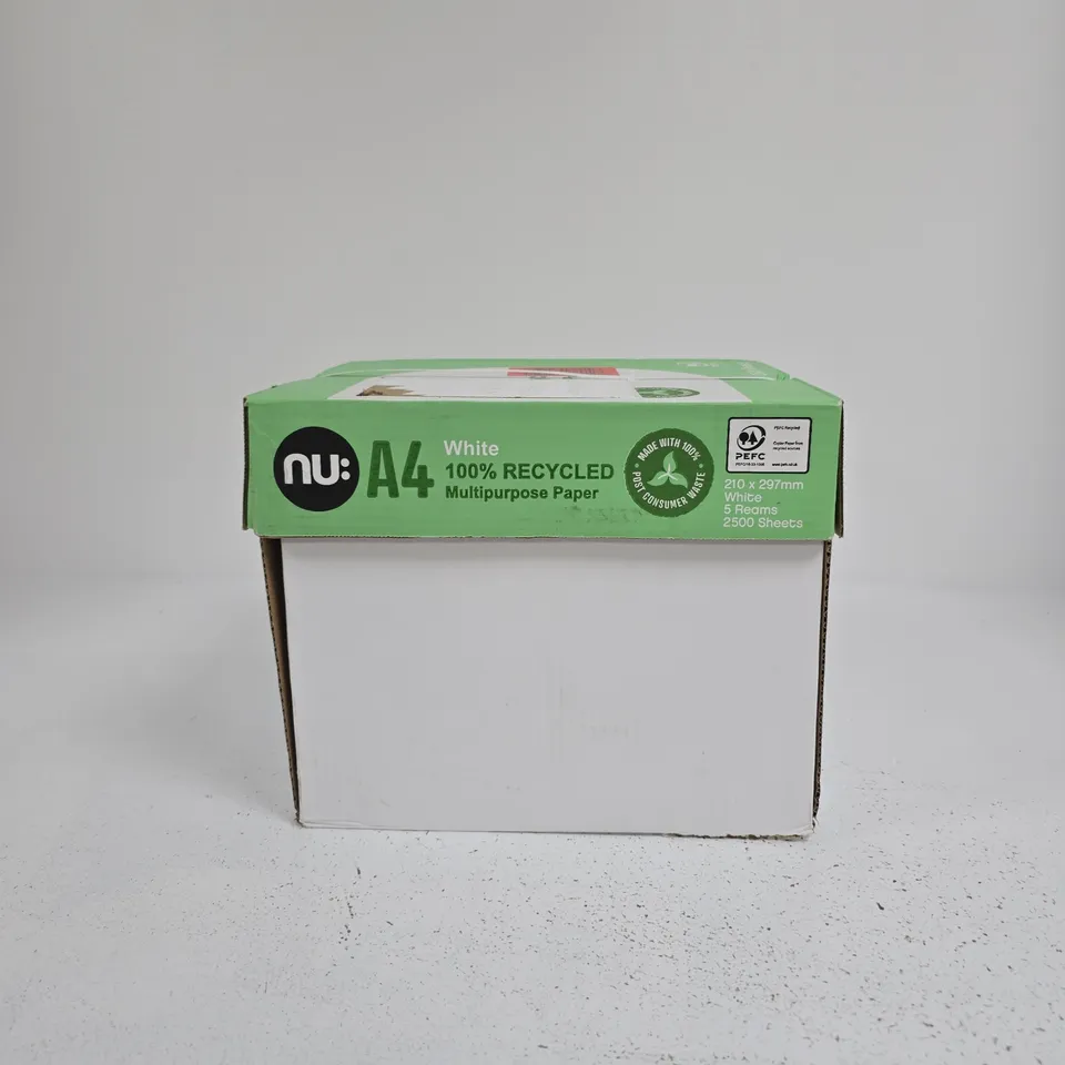 A4 WHITE 100% RECYCLED MULTIPURPOSE PAPER, 5 REAMS (2,500 SHEETS) – NU: A4