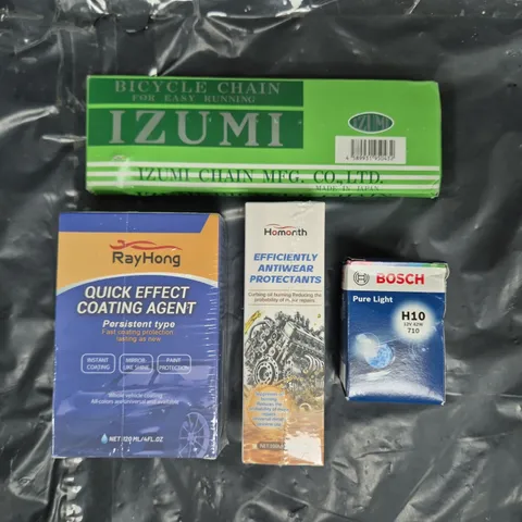 APPROXIMATELY 10 ASSORTED VEHICLE PARTS AND ACCESSORIES TO INCLUDE IZUMI BICYCLE CHAIN, QUICK EFFECT COATING AGENT, ETC - COLLECTION ONLY