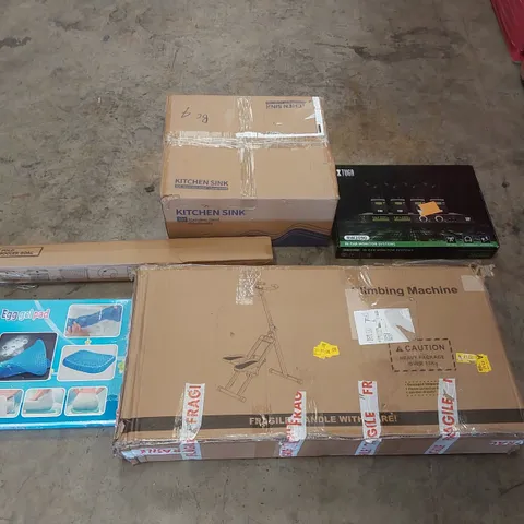 PALLET OF ASSORTED ITEMS INCLUDING: CLIMBING MACHINE, KITCHEN SINK, FOLDING FOOTBALL GOAL, IN-EAR MONITOR SYSTEMS, GEL CUSHION ECT