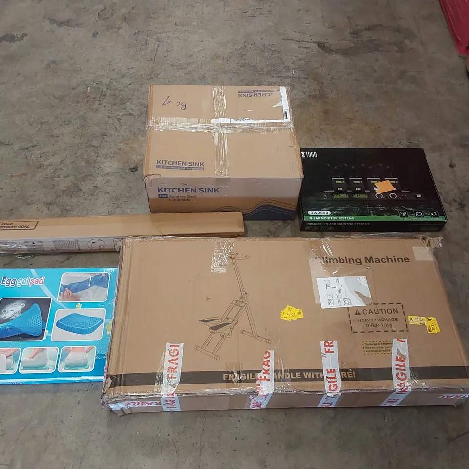PALLET OF ASSORTED ITEMS INCLUDING: CLIMBING MACHINE, KITCHEN SINK, FOLDING FOOTBALL GOAL, IN-EAR MONITOR SYSTEMS, GEL CUSHION ECT
