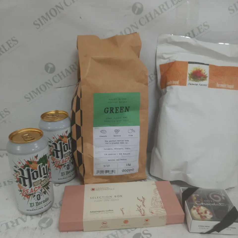 BOX OF APPROXIMATELY 10 ASSORTED ITEMS TO INCLUDE PEACH SPARKLING WATER, SELECTION BOX, HOTEL CHOCOLATE ETC