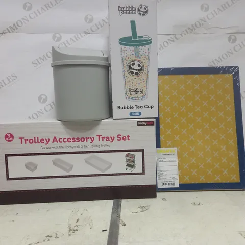 BOX OF APPROXIMATELY 10 ASSORTED ITEMS TO INCLUDE - PLASTIC SMALL BIN - BUBBLE PANDA CUP - TROLLEY ACCESSORY TRAY SET ETC