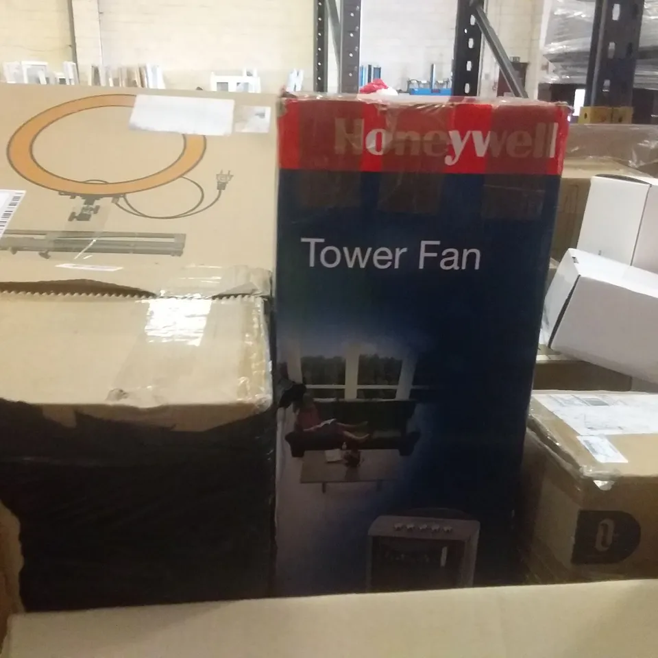 PALLET OF ASSORTED ITEMS INCLUDING HONEYWELL TOWER FAN, RING LIGHT, ICE MAKER, ACCUVOICE TV SPEAKER