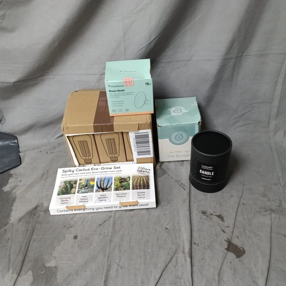 BOX OF APPROXIMATELY 22 ASSORTED HOUSEHOLD ITEMS INCLUDING LUXURY CANDLE, EDEN OIL BURNER, LIGHT BULBS, AND PUMPMOM BREAST SHIELD