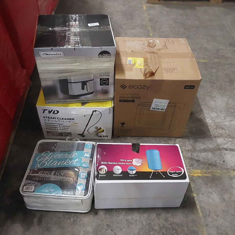 PALLET OF ASSORTED ITEMS INCLUDING: COUNTERTOP DISHWASHER, GAMING CHAIR, MULTI-FUNCTION CLOTHES DRYER, ELECTRIC BLANKET, STEAM CLEANER, AIR FRYER ECT
