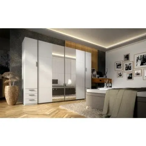 BOXED 4-DOOR WARDROBE, WHITE, WITH CLOTHES RAILS, SHELVES AND MIRROR -6 BOXES-