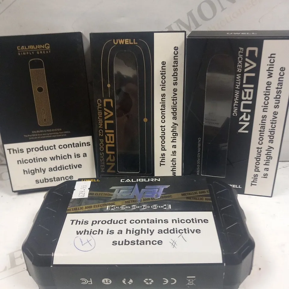 4 ASSORTED CALIBURN UWELL VAPING PRODUCTS TO INCLUDE; TENET, G POD SYSTEM, G2 POD SYSTEM, A25 POD SYSTEM
