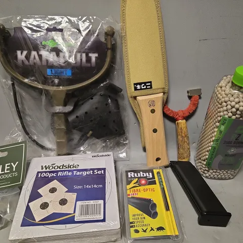 APPROX 8 ASSORTED ITEMS TO INCLUDE KATAPULT, AMMUNITION ROUNDS, RIFLE TARGET SET, ETC