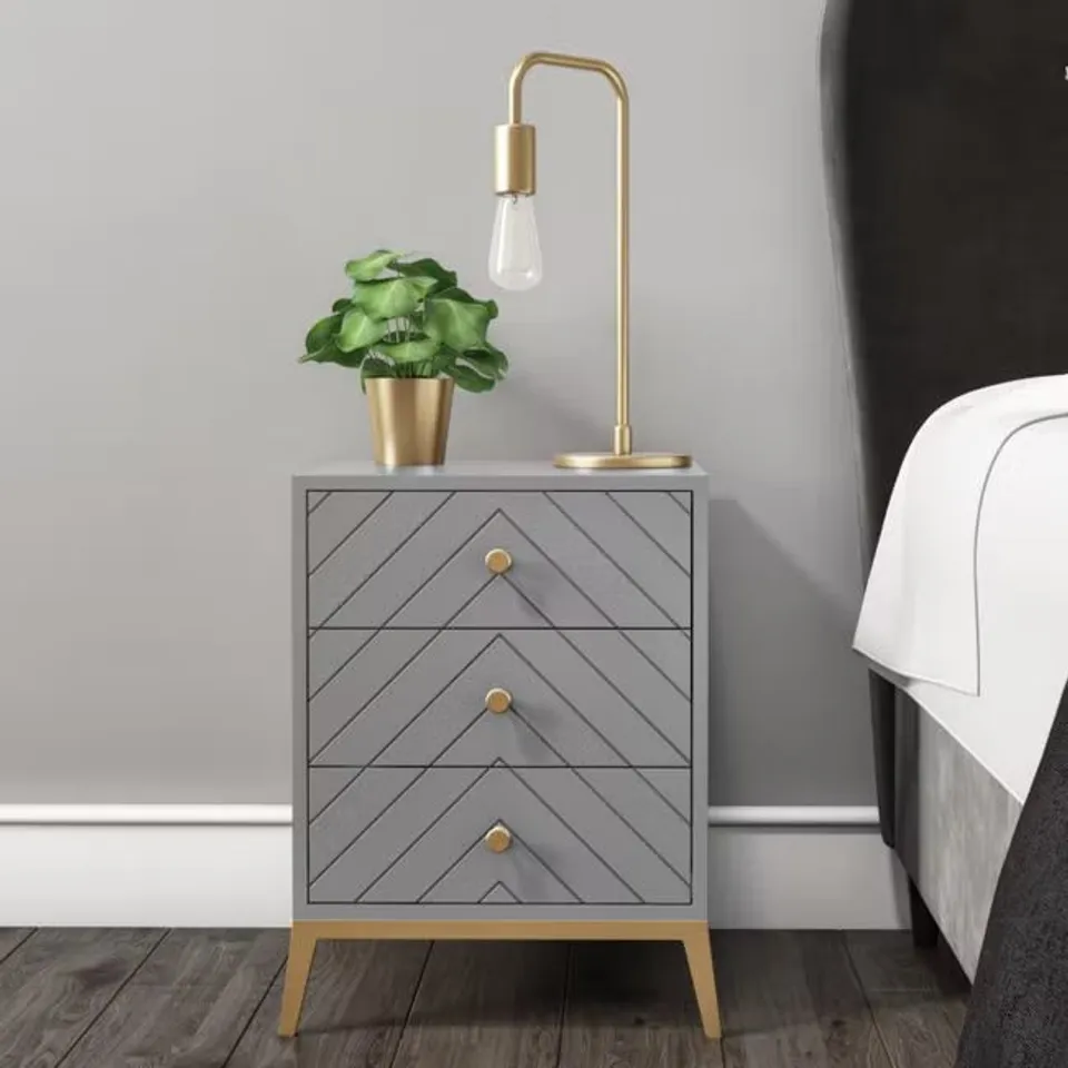 DESIGNER EZRA CHEVRON BEDSIDE TABLE 3 DRAWER
