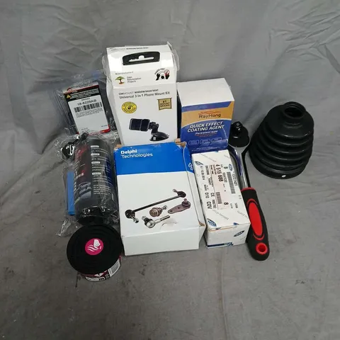 APPROXIMATELY 12 ASSORTED VEHICLE PARTS & ACCESORIES TO INCLUDE DELPHI TECHNOLOGIES STEERING AND SUSPENSION, QUICK EFFECT COATING AGENT, GLASS POLISHING LIQUID, ETC