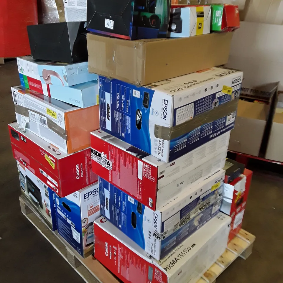 PALLET OF ASSORTED ELECTRONIC PRODUCTS INCLUDING BLUETOOTH BOOMBOX, PRINTERS, PARTY SPRAKER, KEYBOARD