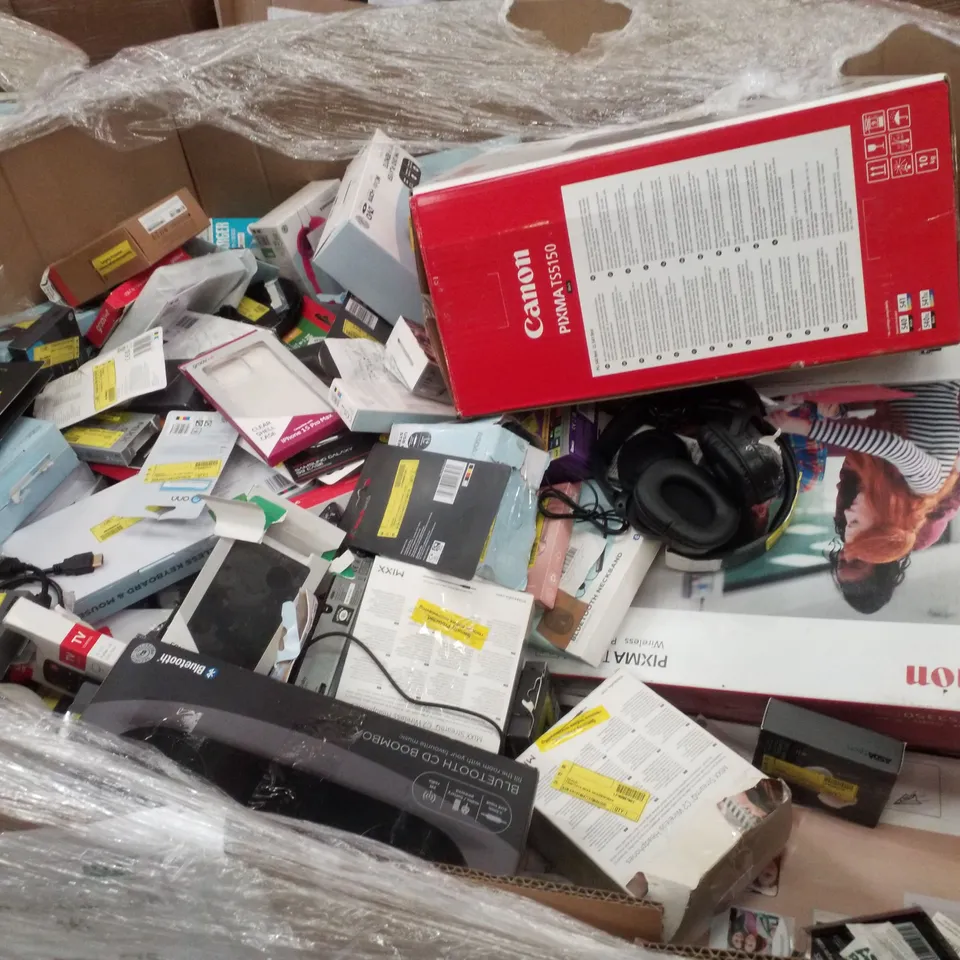PALLET CONTAINING ASSORTED ELECTRICAL RETURNS INCLUDING CANON PIXMA TS3350 PRINTER, HP DESKJET 2810E PRINTER, BLUETOOTH CD BOOMBOX, HDMI DVD PLAYER WITH REMOTE, WIRELESS HEADPHONES & PHONE CASES 
