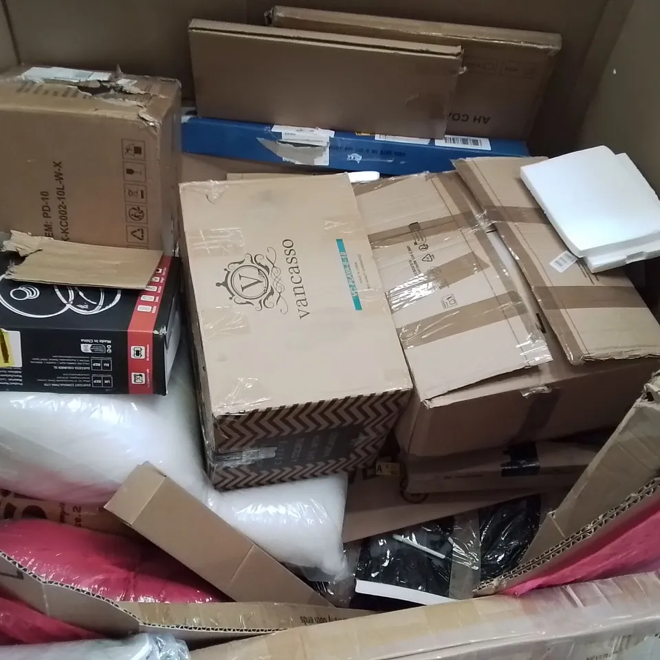 PALLET CONTAINING VARIOUS ASSORTED BOXED HOUSEHOLD ITEMS TO INCLUDE: WHEELCHAIR,  AUTOMATIC PAPER SHREDDER, TOWEL WARMER, BED GUARD RAIL AND LOTS MORE UNMARKED BOXED ITEMS 