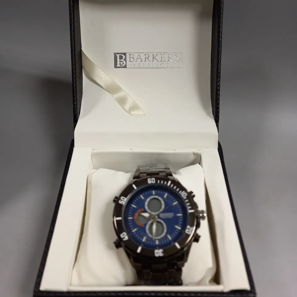 BOXED BARKERS OF KENSINGTON PREMIER SPORT BLUE DIAL WATCH 