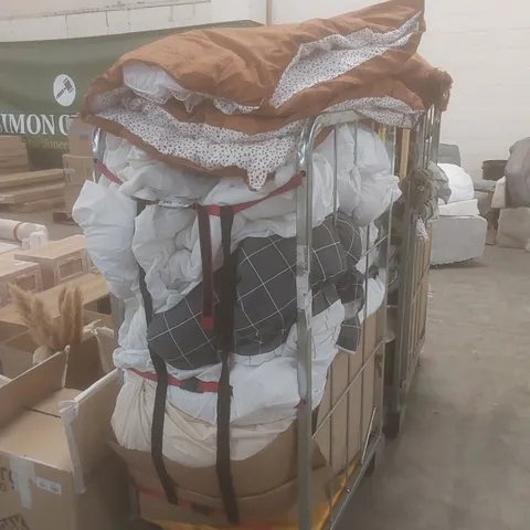 CAGE OF ASSORTED TEXTILES TO INCLUDE; CUSHIONS, BEDDING AND THROWS ETC - CAGE NOT INCLUDED