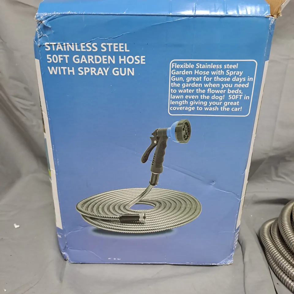 STAINLESS STEEL 50FT GARDEN HOSE WITH SPRAY GUN