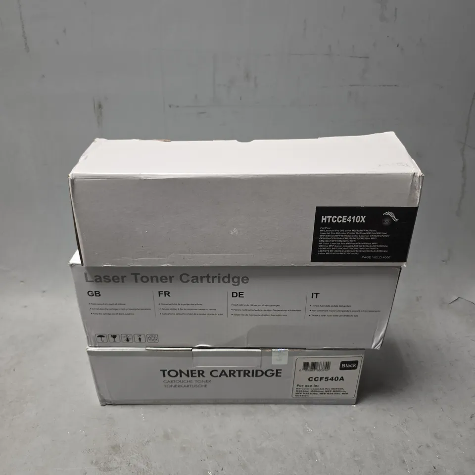 BOX OF APPROXIMATELY 10 ASSORTED TONER CARTRIDGES TO INCLUDE - LASER TONER CARTRIDGE HTCCE410X  , TONER CARTRIDGE CCF540A ETC