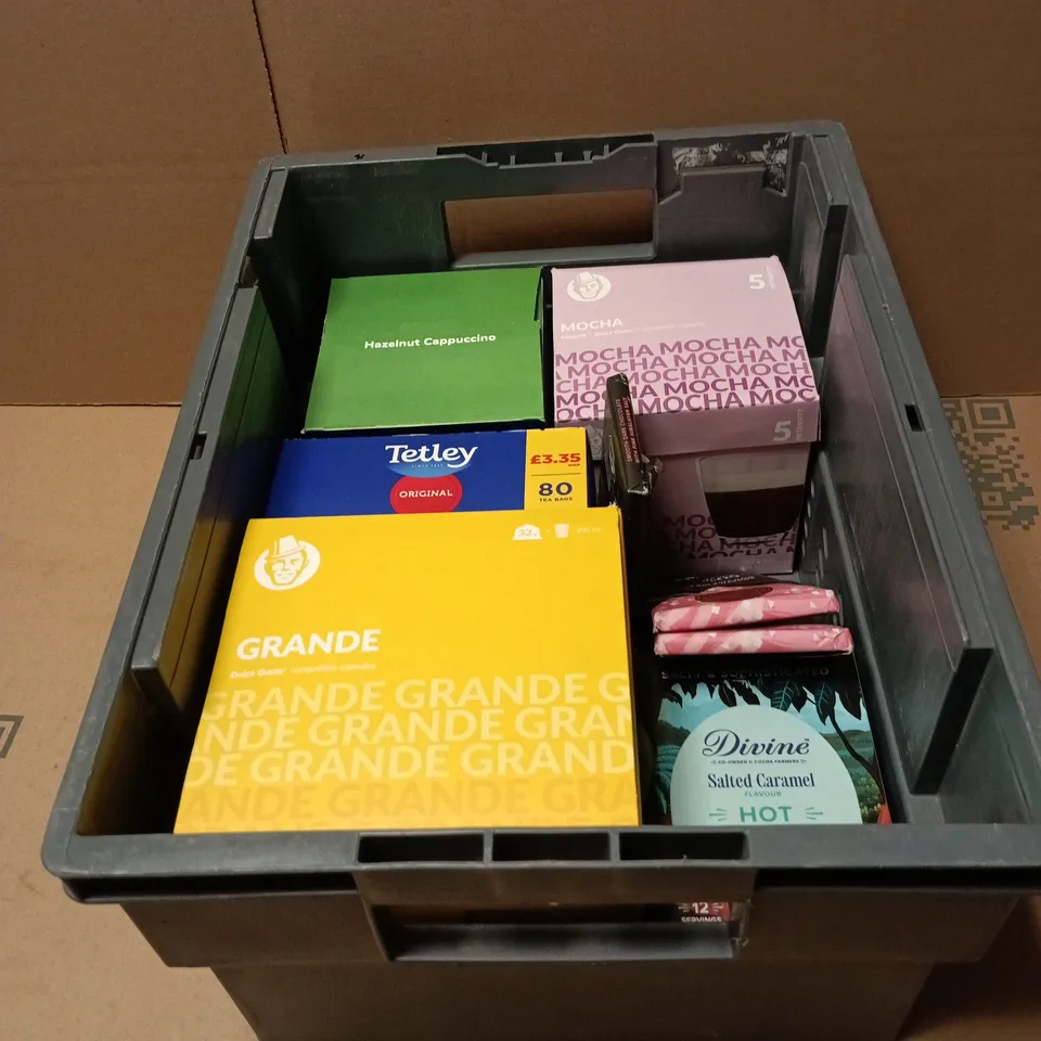 TOTE OF APPROXIMATELY 6 ASSORTED FOOD/DRINK ITEMS TO INCLUDE TETLEY ORIGINAL, DIVINE SALTED CARAMEL HOT CHOCOLATE, NESCAFE MOCHA/GRANDE CAPSULES ETC