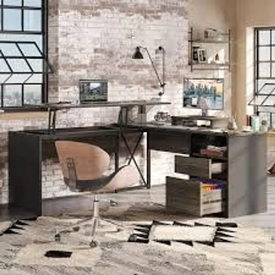 BOXED BESTIER ERGONOMIC L SHAPED DESK, BUILT IN DRAWERS, MONITOR RISER - LIGHT GREY/BLACK (1 BOX)