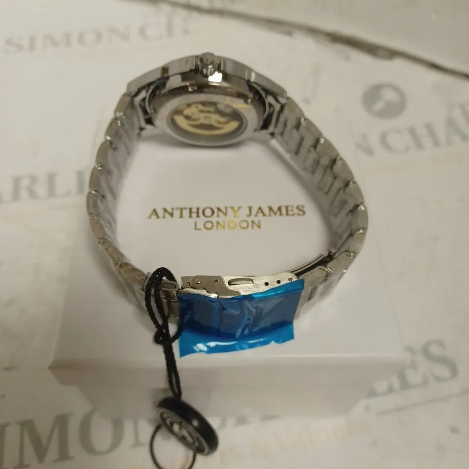BOXED ANTHONY JAMES GENTS LIMITED EDITION SKELETON AUTOMATIC  STAINLESS STEEL WATCH - WATER RESISTANT. 