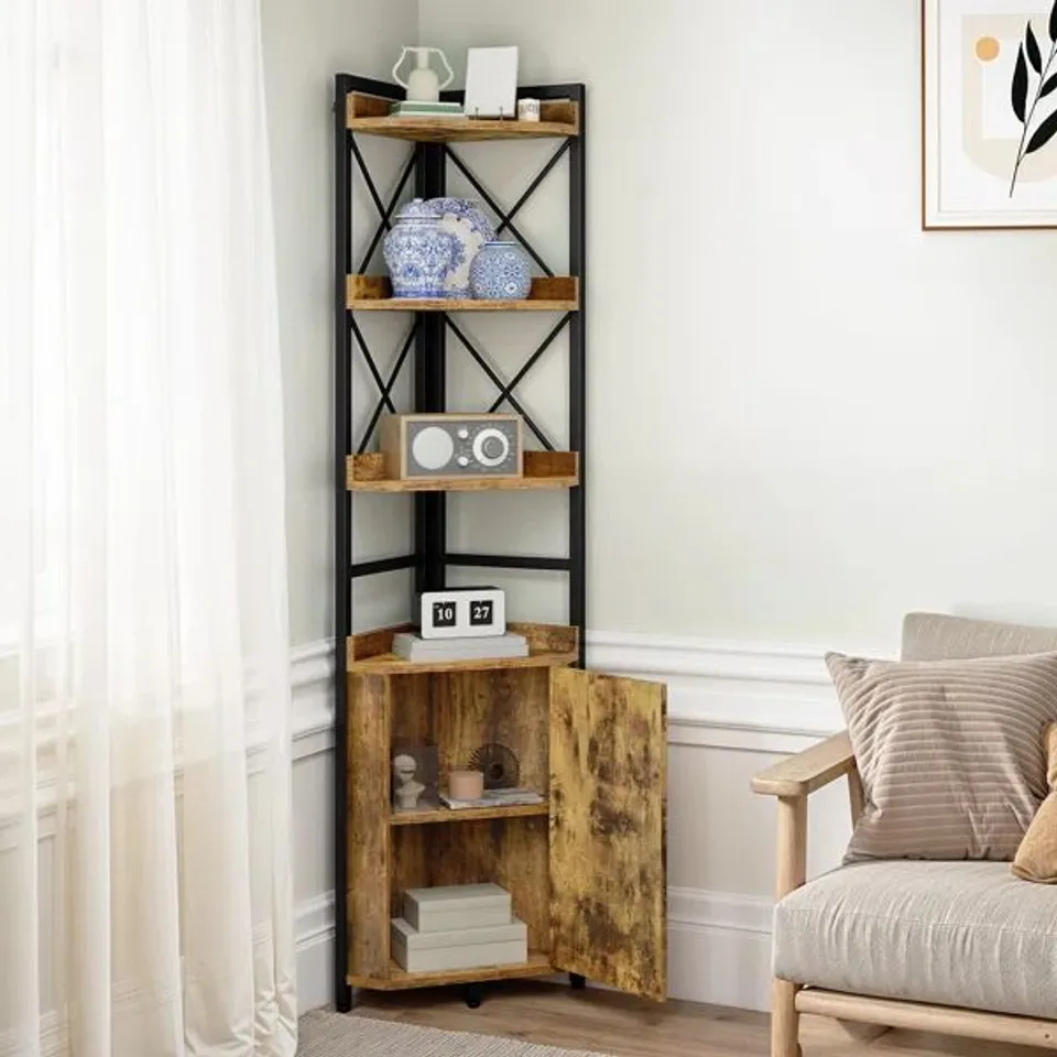 BOXED CORNER SHELF 4 TIERS, INDUSTRIAL BOOKSHELF WITH CABINET (1 BOX)