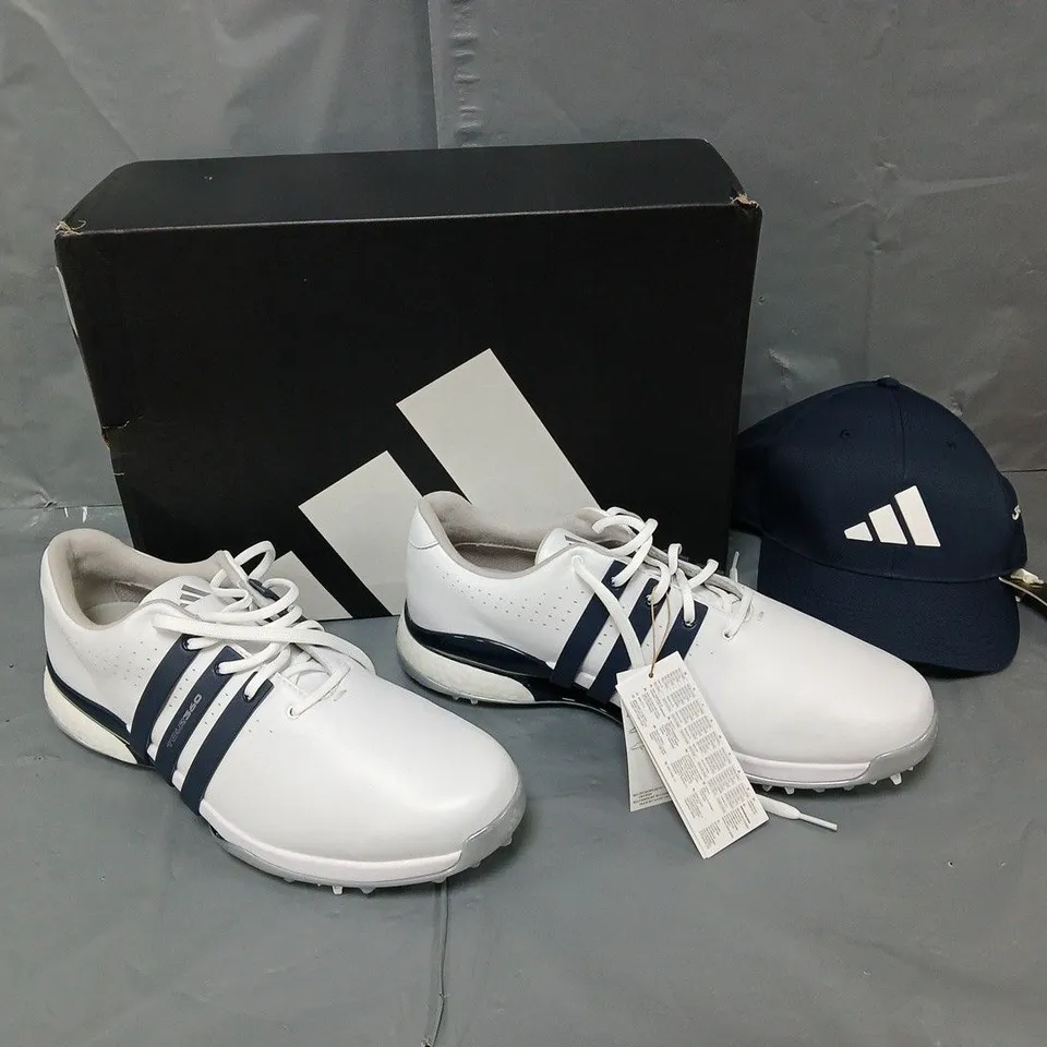 BOXED PAIR OF ADIDAS TOUR360 24 WHITE UK 12 WITH CAP 