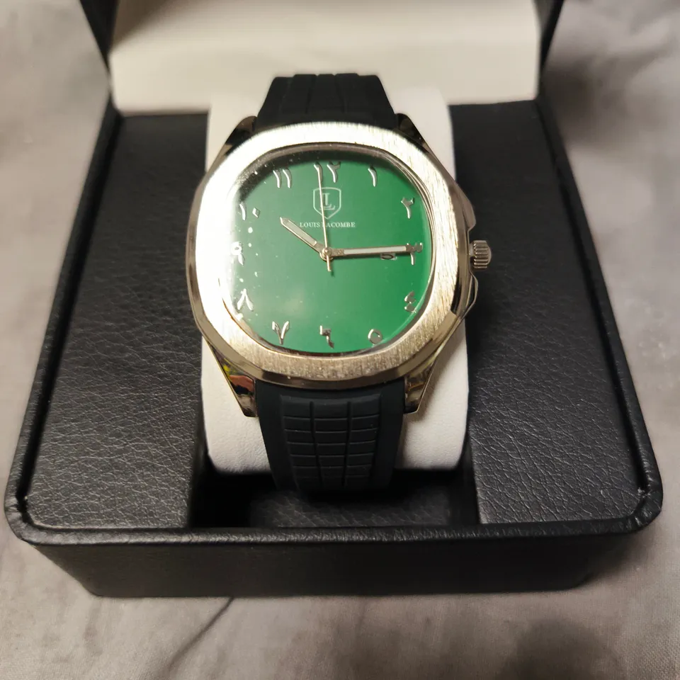 MENS LOUIS LACOMBE  WATCH – GREEN DIAL WITH DATE – RUBBER STRAP