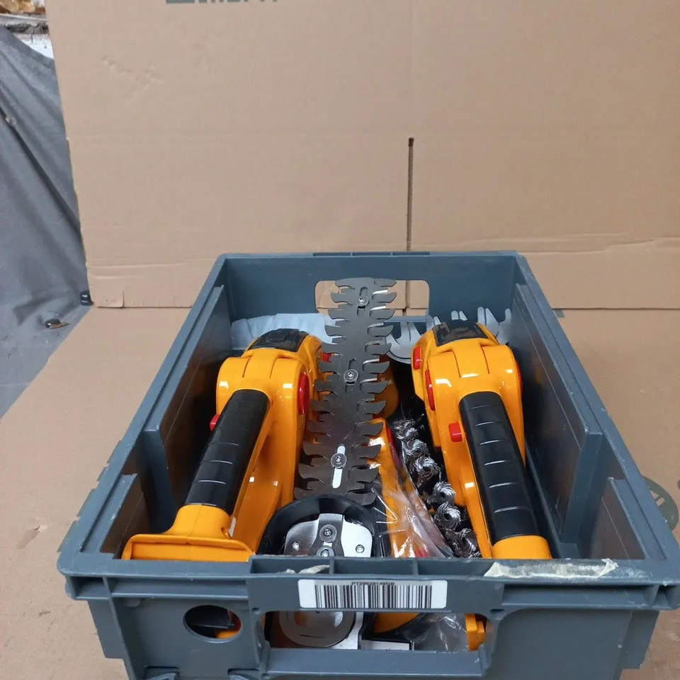 TOTE OF APPROXIMATELY 10 ASSORTED ITEMS TO INCLUDE GARDENING REPLACEMENT PARTS ETC