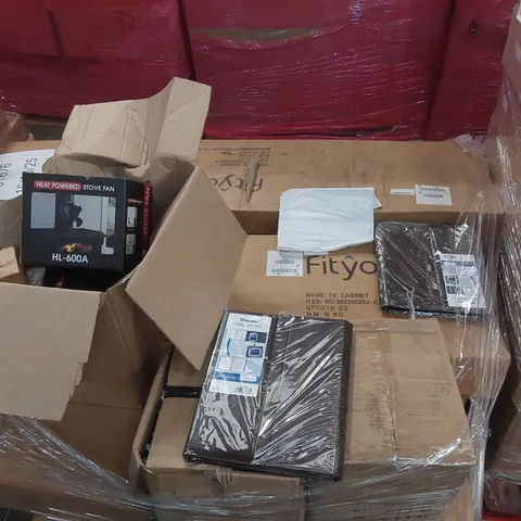 PALLET CONTAINING ASSORTED FITYOU TV CABINET PARTS AND OTHER ITEMS INCLUDING: IPAD CASES, HEAT POWERED STOVE FANS ECT
