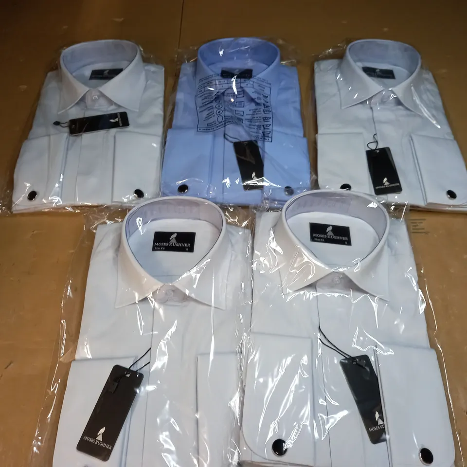 MOSES KUSHNER LOT OF 5 LONG SLEEVE SLIM FIT BUTTONED SMALL SHIRTS IN VARIOUS COLOURS - 4 LIGHT BLUE SMALL, 1 BLUE SMALL