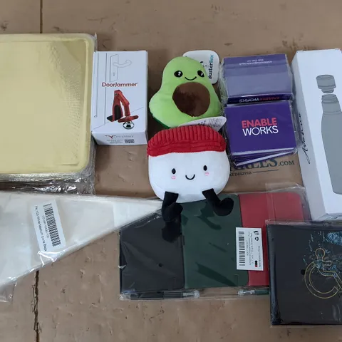 APPROXIMATELY 10 ASSORTED HOUSEHOLD ITEMS TOO INCLUDE DOG TOYS, DOOR JAMMER, AND METAL BOTTLE ETC.  