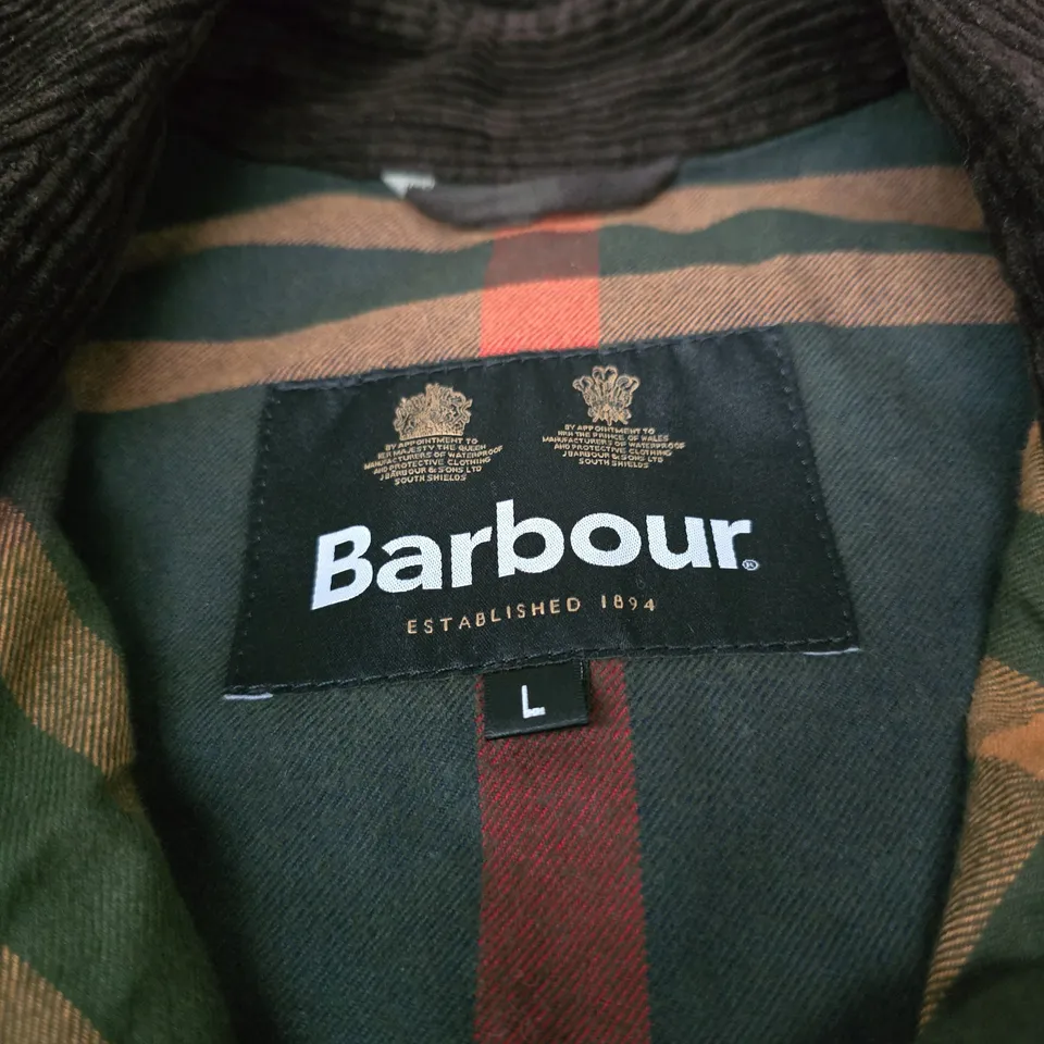 BARBOUR WAXED JACKET – OLIVE GREEN, CORDUROY COLLAR, SIZE UK L