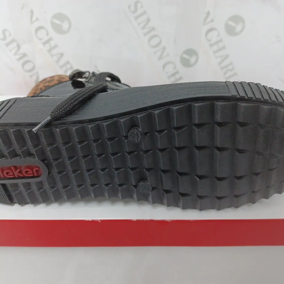 BOXED PAIR OF RIEKER HIGH TOP LEOPARD CUFF TRAINERS BLACK - SIZE 38