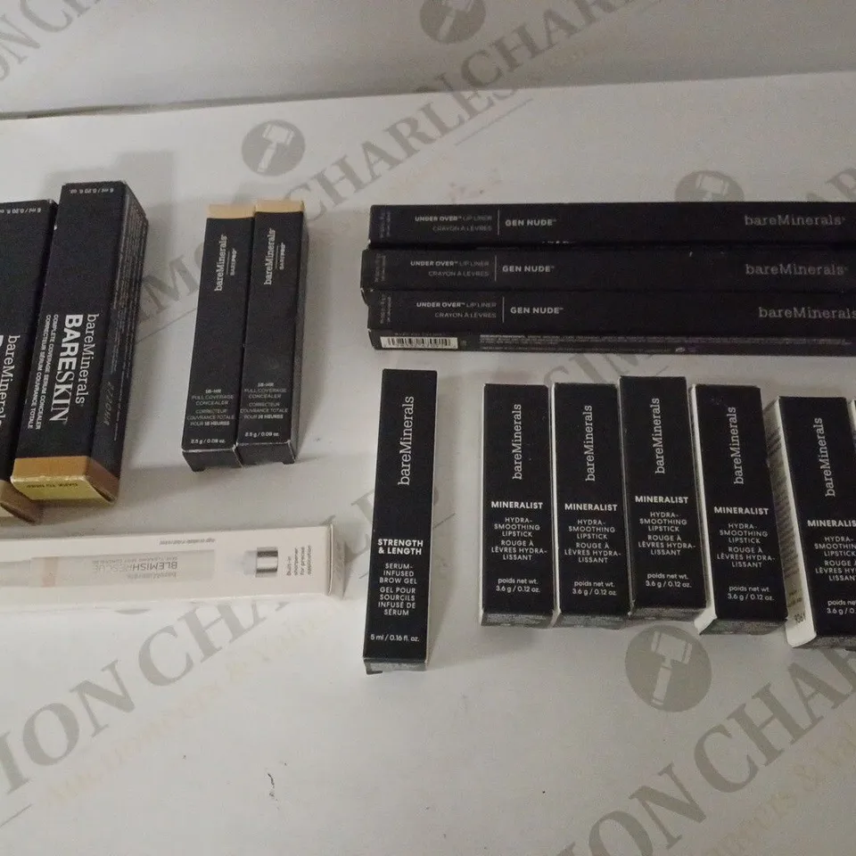 LOT OF APPROX 15 ASSORTED BAREMINERALS MAKEUP ITEMS TO INCLUDE LOIPSTICKS, CONSEALERS, BROW GELL ETC