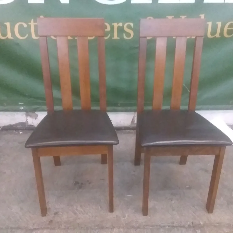SET OF 2 CHESTER DARK WOOD DINING CHAIRS WITH BROWN LEATHER SEAT PAD