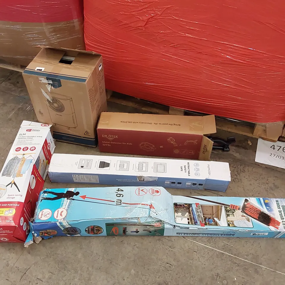 PALLET OF ASSORTED ITEMS INCLUDING: DEHUMIDIFIER, KID'S METAL DETECTOR, EXTENDABLE WATER BRUSH, CLOTHES HANGER STAND, RETRACTABLE SAFETY GATE