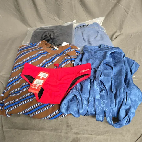 BOX OF APPROXIMATELY 20 ASSORTED CLOTHING ITEMS TO INCLUDE DRESSES, SWIM BREIFS, TROUSERS, ETC