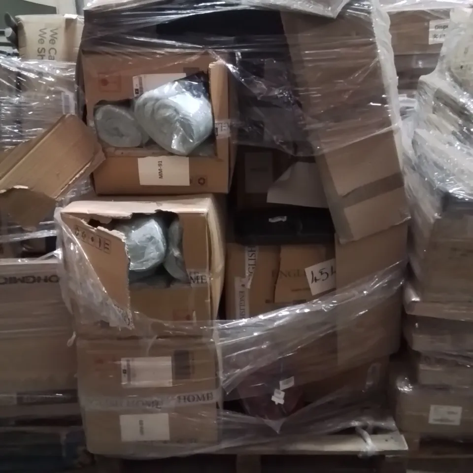 PALLET OF ASSORTED HOUSEHOLD GOODS AND PRODUCTS TO INCLUDE;CLOTHES DRAWING,SUITCASE,BLANKETS 