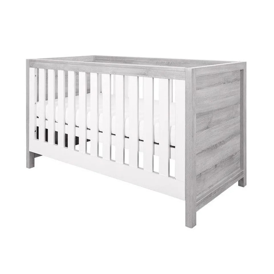 BOXED TUTTI BAMBINI MODENA COT BED - GREY ASH AND WHITE FINISH (2 BOXES)