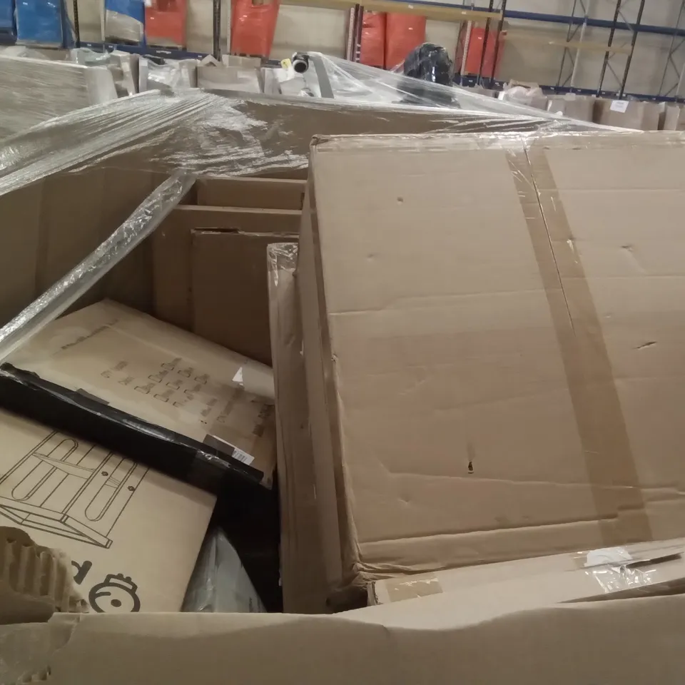 PALLET OF ASSORTED ITEMS INCLUDING FABIAN CLARKE PHOTO FRAMES, STOREMIC FLOATING SHELF, FRAMED MIRROR, CRAFT WOK, LITTLE PARTNERS LEARNING TOWER, SIDE TABLE