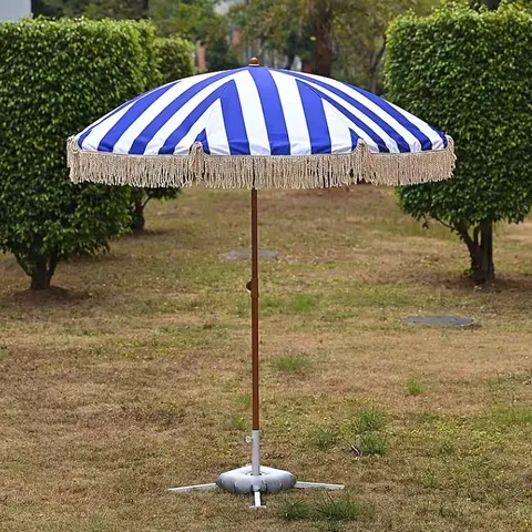 LIVMORE 2M ROUND OUTDOOR GARDEN PARASOL - DARK BLUE & WHITE STRIPE, WATERPROOF UV PROTECTION, IRON BASE INCLUDED
