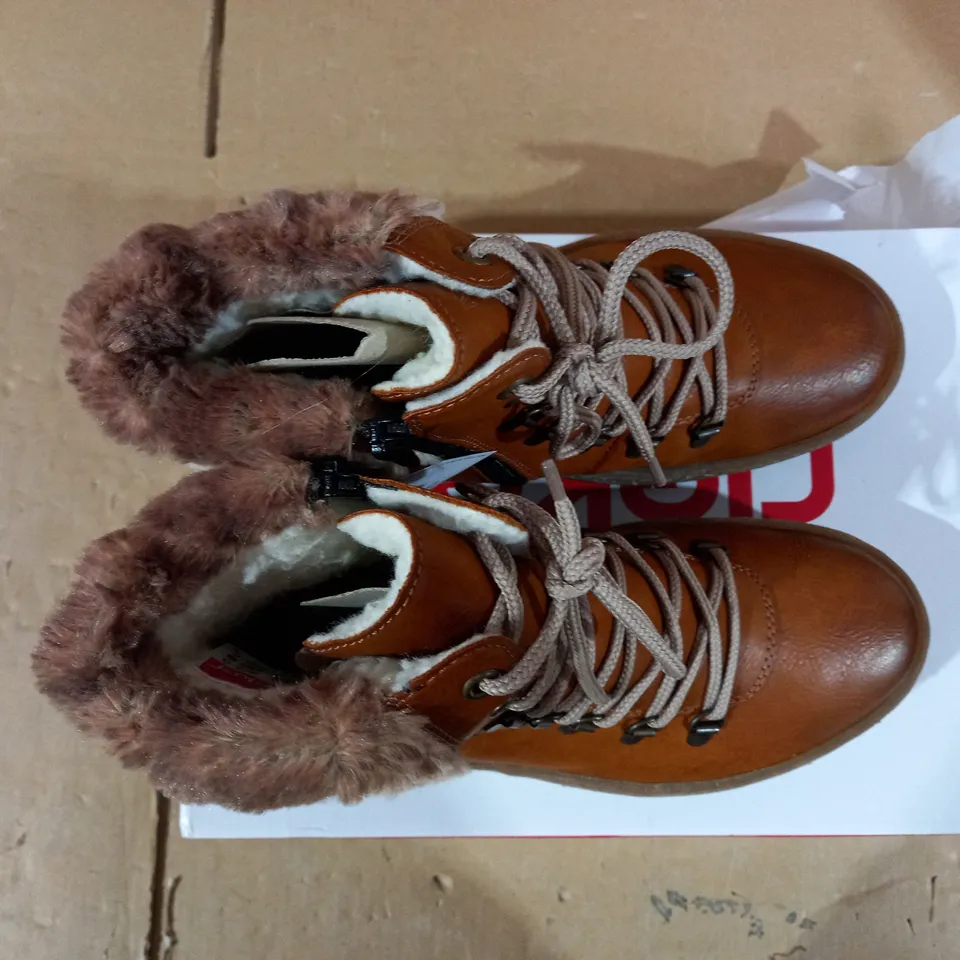 BOXED PAIR OF RIEKER LACE UP ANKLE BOOTS - TAN - UK SIZE 5